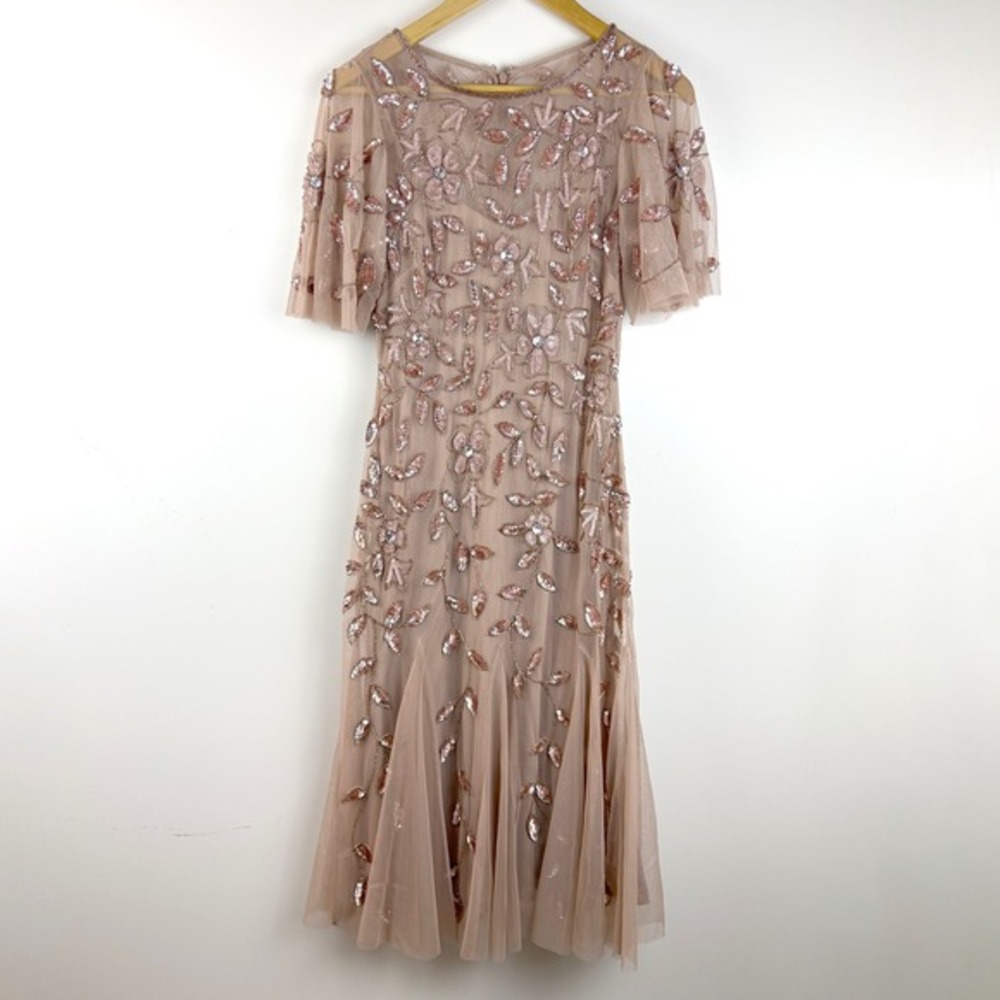 Adrianna Papell Beaded Sequin Mesh Midi Dress Rose Gold Flutter‎ Sleeve Size 2 - Picture 5 of 16